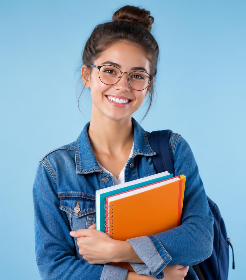 Aluna sorrindo segurando livros